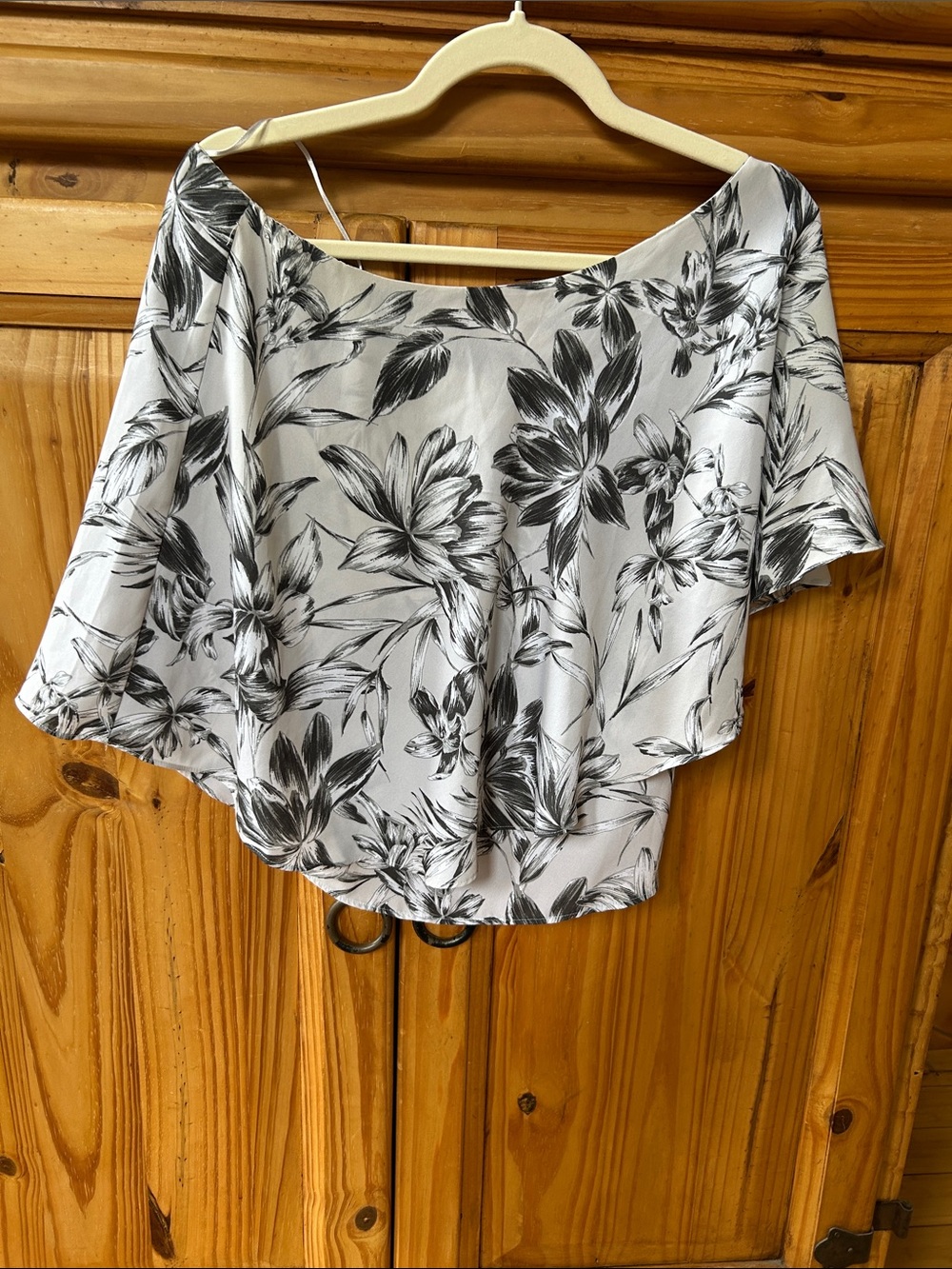 Banana Republic Asymmetrical Overlay Floral Off-Shoulder Flutter Top Black/White